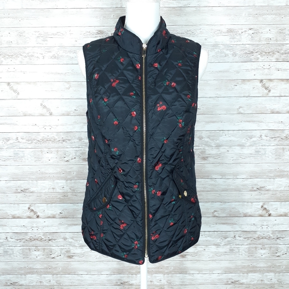 Charter Club Quilted Vest S Black Red Rose 734 - Picture 3 of 8